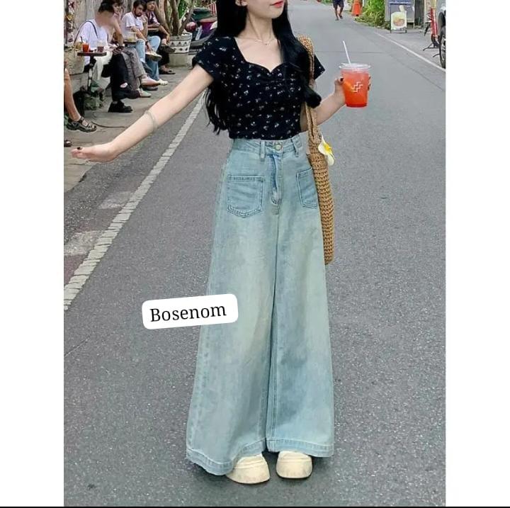 Product Introduction of BOSENOM- Celana kulot jeans wanita HighWaist wide leg kantong depan jins Panjang Cewek 2