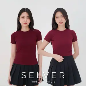 SELVER - Crop Top Baju Atasan Polos Tangan Pendek Kaos Rib Basic Wanita Slim Fit Melar (S/M/L/XL)