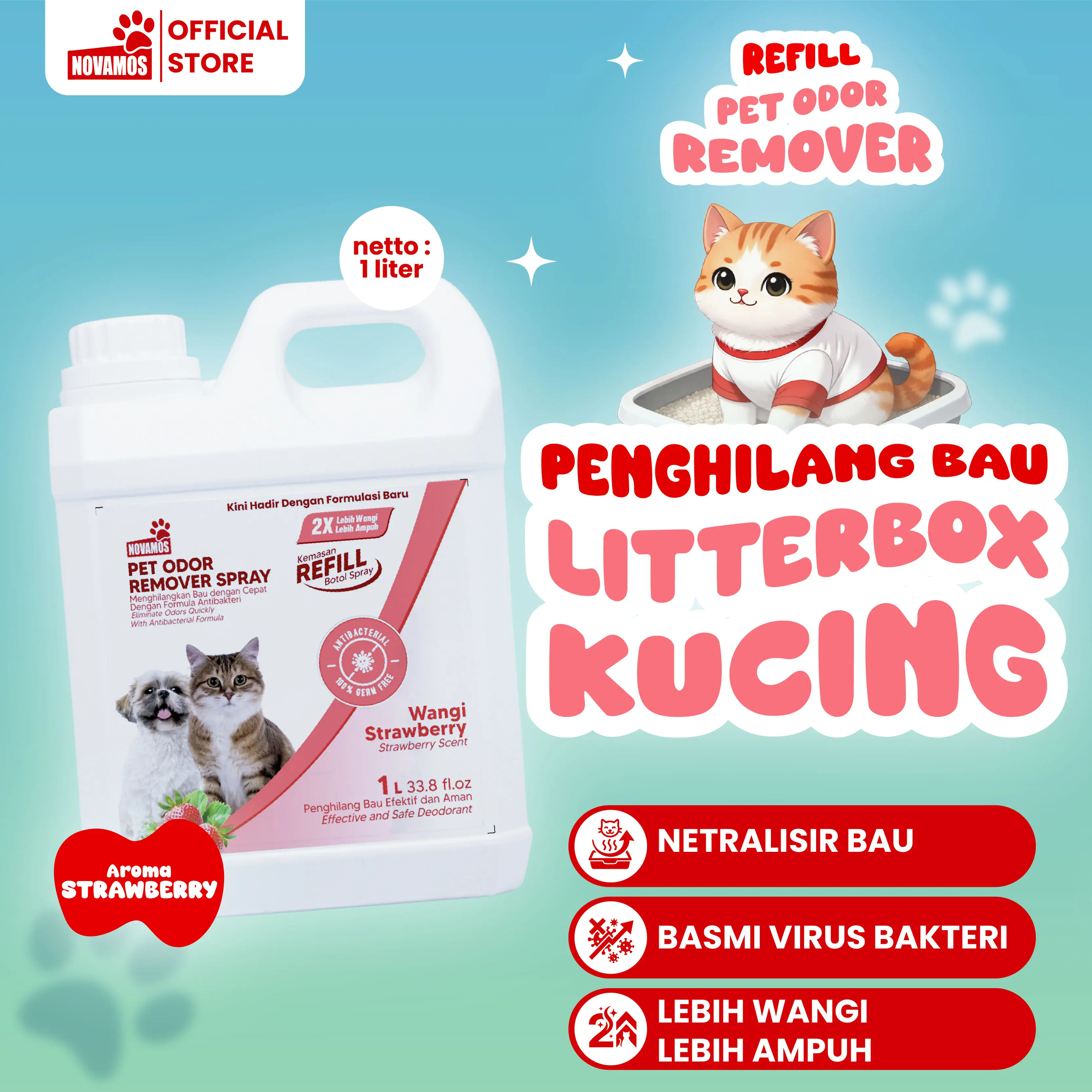 NOVAMOS  Penghilang Bau Kotoran Kucing Anjing - Pet Odor Remover Refill Parfum Pewangi Ruangan Pengharum Pasir Kucing Penghilang Bau Pesing Kandang Kucing Pengilang Bau Tidak Sedap Cairan Pembersih Lantai