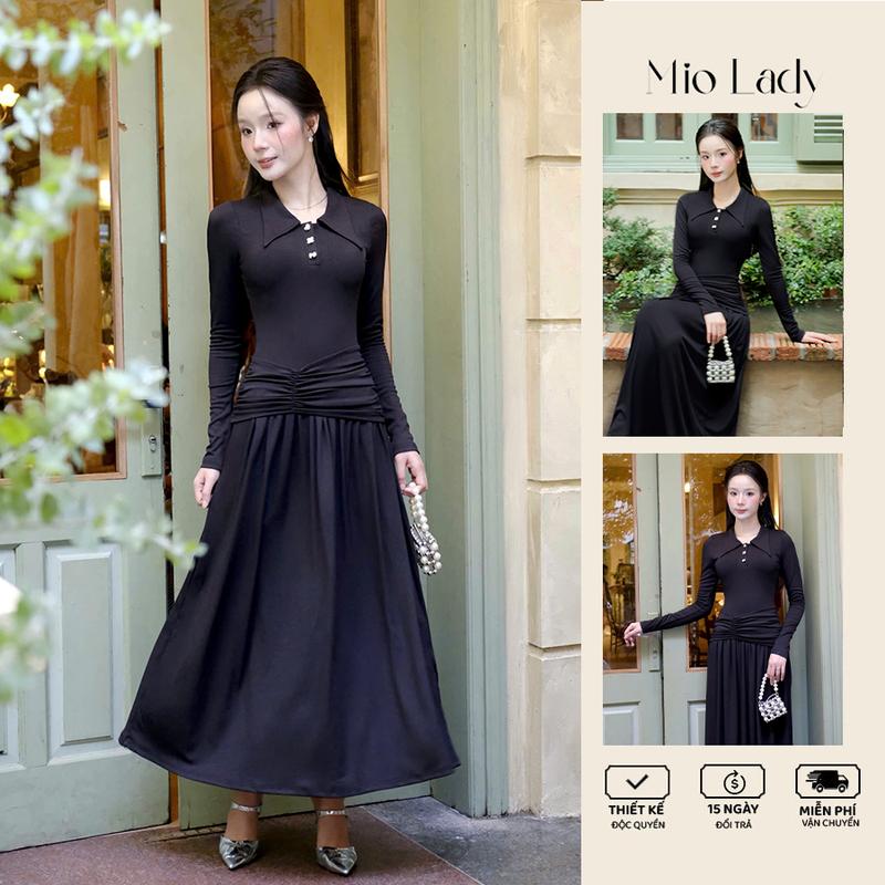 Váy thun cổ đức dáng xoè dài tay khuy hoạ tiết Mio Lady