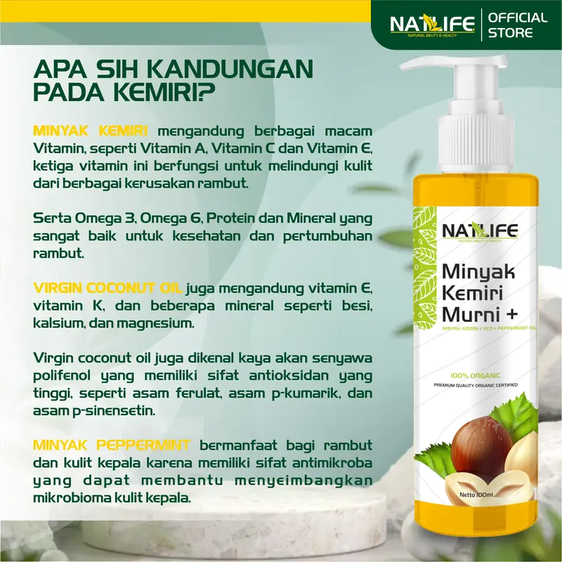 NATLIFE MINYAK KEMIRI BAKAR PLUS (MINYAK KEMIRI + VCO + PEPPERMINT OIL) 100ML 1