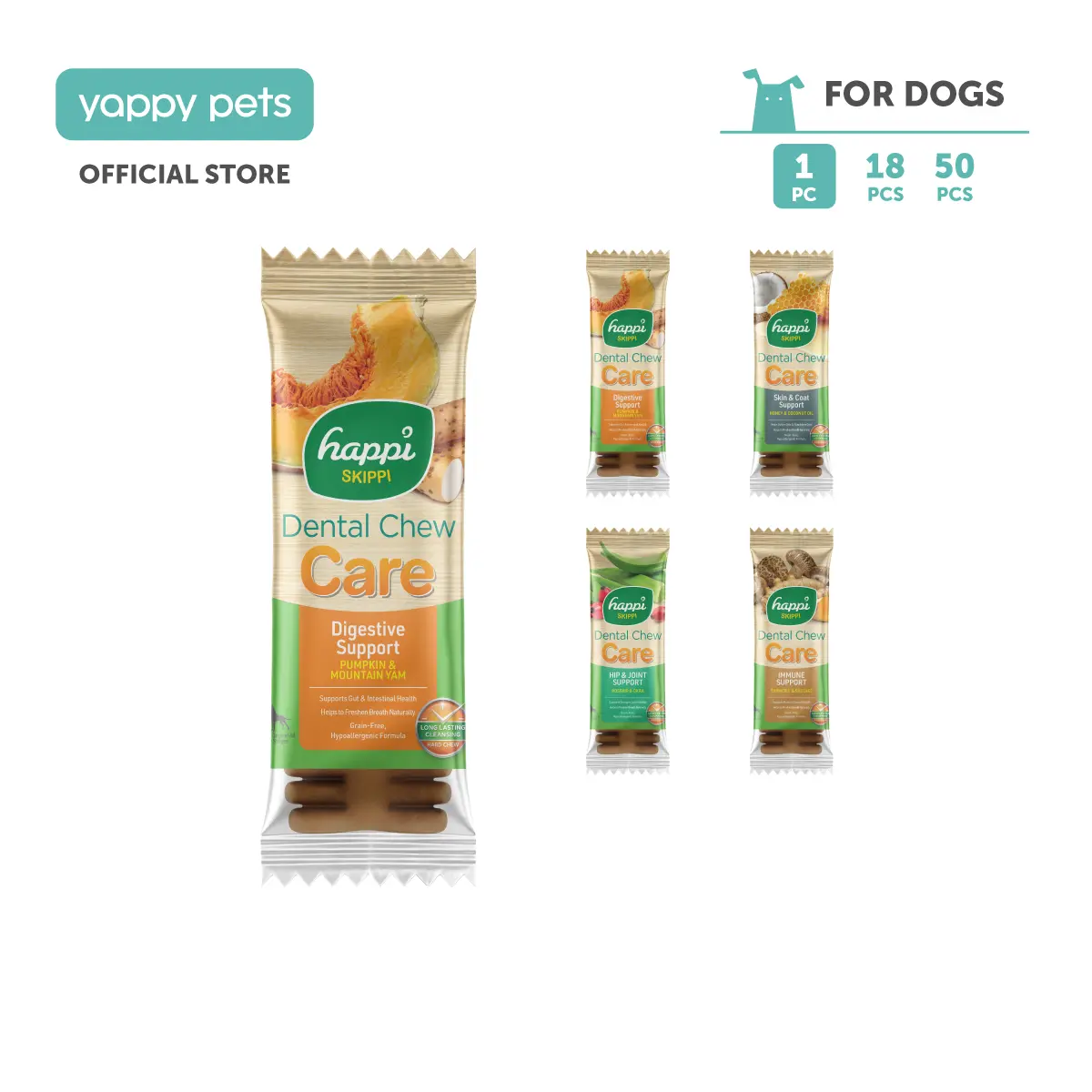 Happi Skippi Care Dog Dental Chew (Hard) | Dog Treats, Dental Care, Regular 4-Inch Petite 2.5-Inch Immune Hip Joint Skin Coat Digestive Support happy doggy