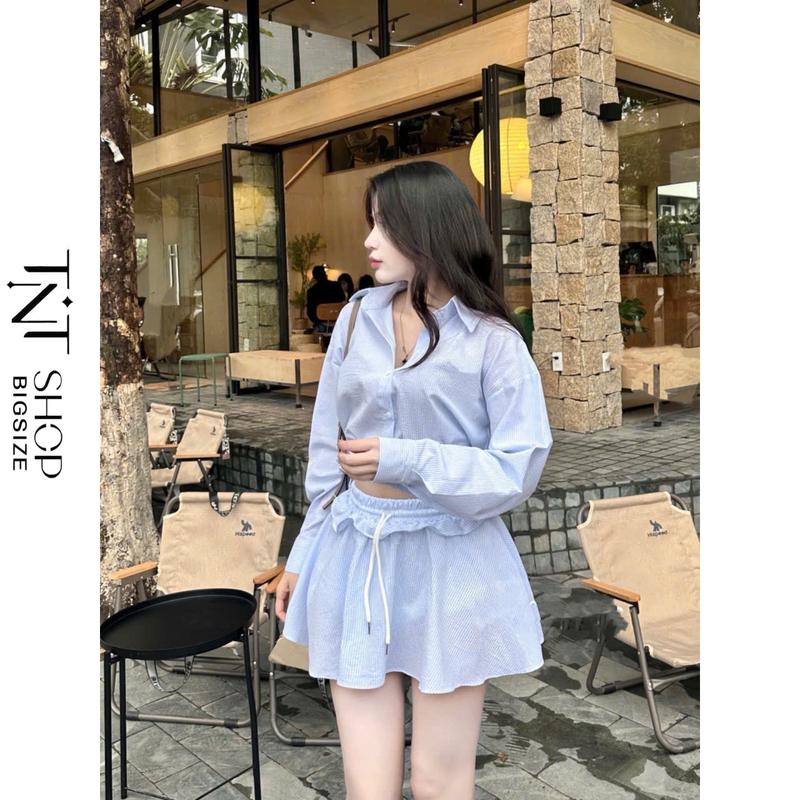 SET 2 MÓN SƠ MI BIGSIZE ÁO SỌC TAY DÀI PHỐI CÙNG CHÂN VÁY XÒE LƯNG THUN [TNT SHOP BIGSIZE 60KG 90KG]