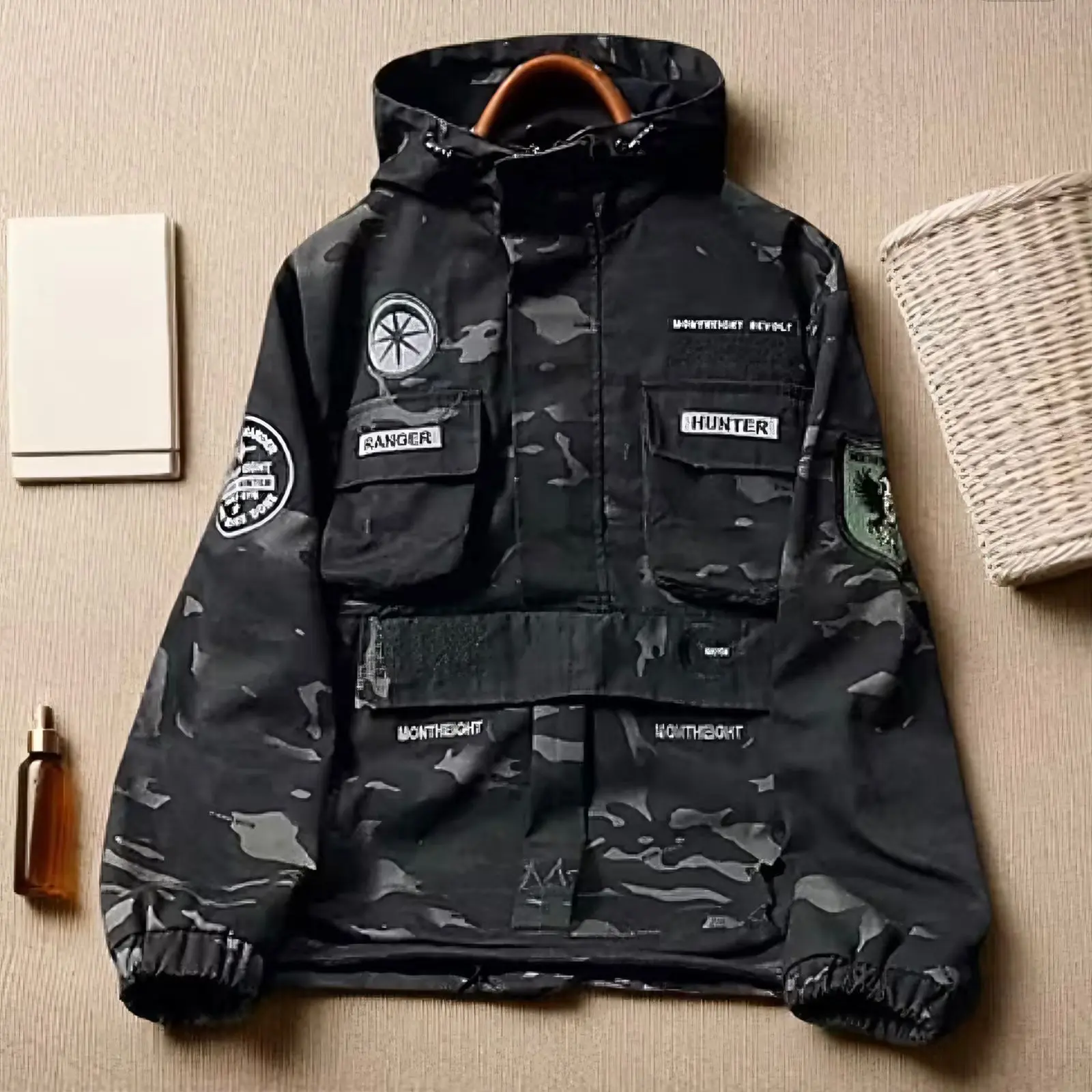 Jaket Cagoule Army Camo Montheight BGSR - Bahan Kanvas, Zipper Resleting, Saku Dalam & Daleman, Quilting Tebal, Unisex Hitam - Distro, Casual Motor Santai Outdoor Pria Parka Bomber Keren Baju Cowok Parasut