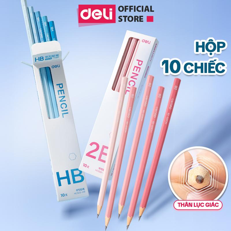 Hộp 10 bút chì gỗ 2B HB Deli thiết kế chuyển màu gradient xinh xắn - dễ tẩy xóa, an toàn, vẽ mỹ thuật, tập viết, học sinh