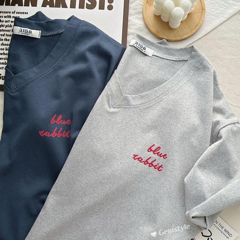 Áo thun nữ CỔ TIM BLUE RABBIT mới form rộng tay lỡ, cotton khô thoáng mát dưới < 60kg