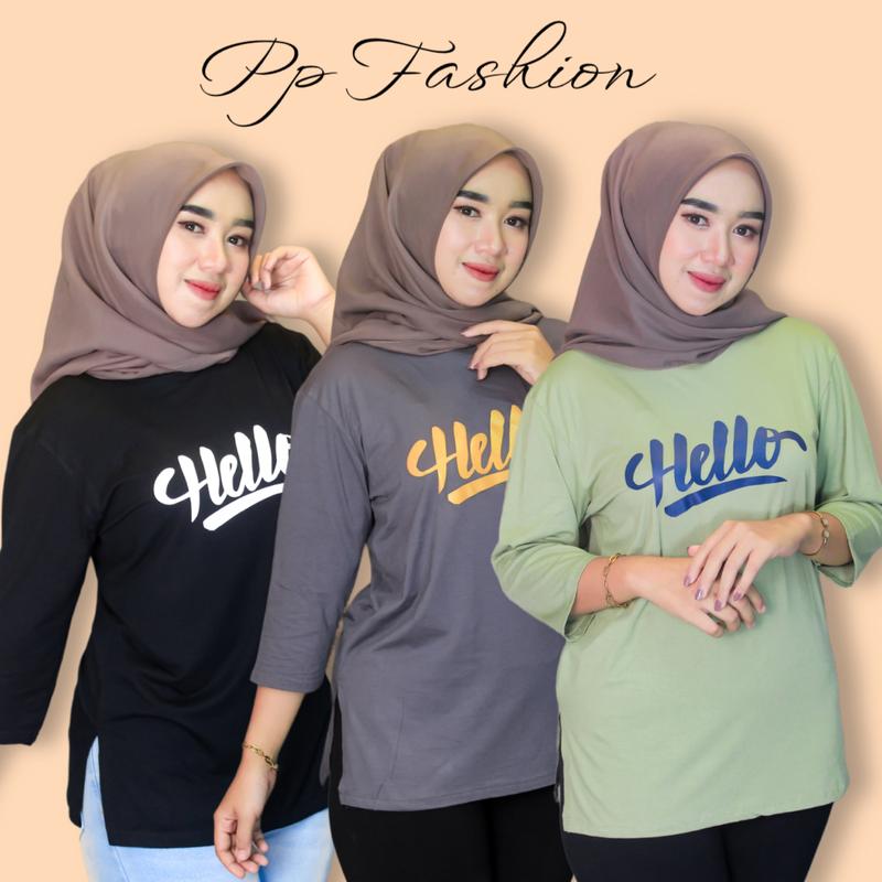 Kaos Oversize Slit Kaos High Slit Katun Spandek Rayon With Sablon Hello  Kerah Bulat Nyaman Panjang Oblong Tangan 7/8 2