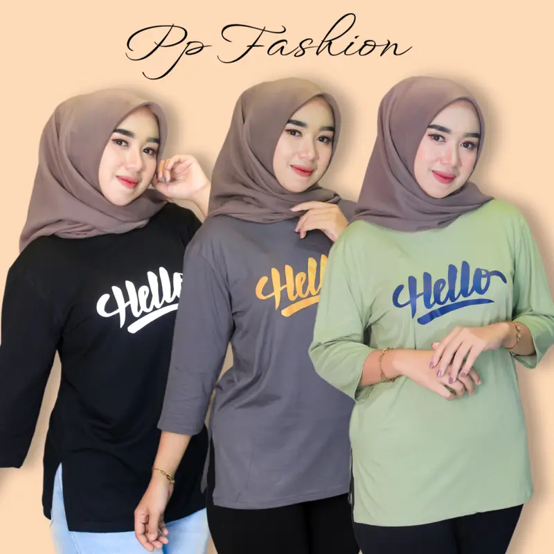 Kaos Oversize Slit Kaos High Slit Katun Spandek Rayon With Sablon Hello  Kerah Bulat Nyaman Panjang Oblong Tangan 7/8 2