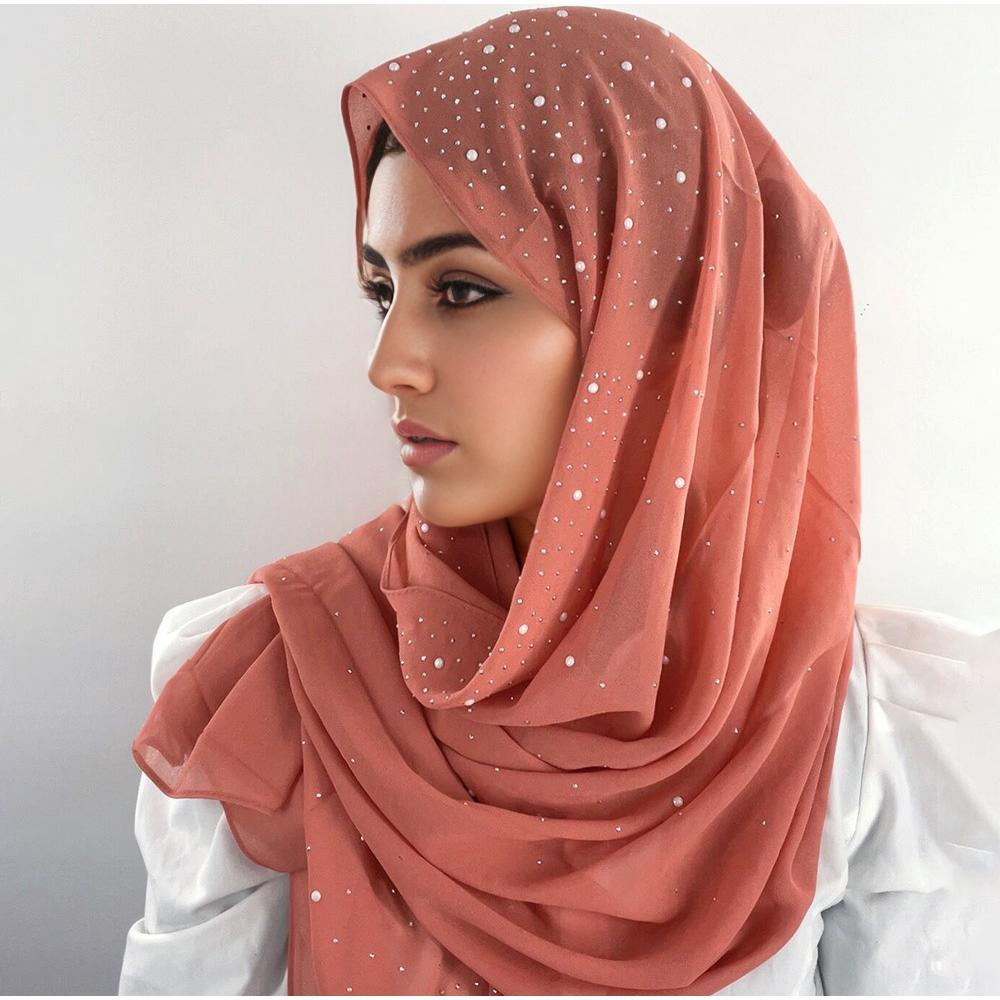 Malaysia Indonesia Pearl Chiffon material Baotou scarf rhinestone porcelain decorative fashion headscarf_voghion.com