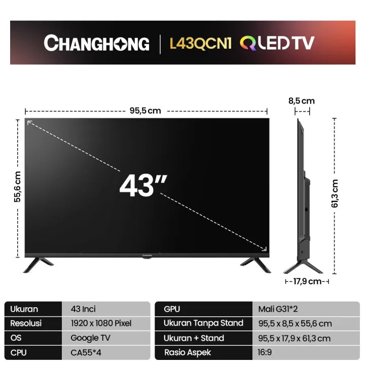 Changhong QLED TV 43 inch FHD Dolby Audio Google Play Netflix Youtube Bluetooth USB Google Assistant Smart TV Digital TV Free Vidio (L43QCN1) Changhong QLED TV 43 inch FHD Dolby Audio Google Play Netflix Youtube Bluetooth USB Google Assistant Smart TV Digital TV Free Vidio (L43QCN1)