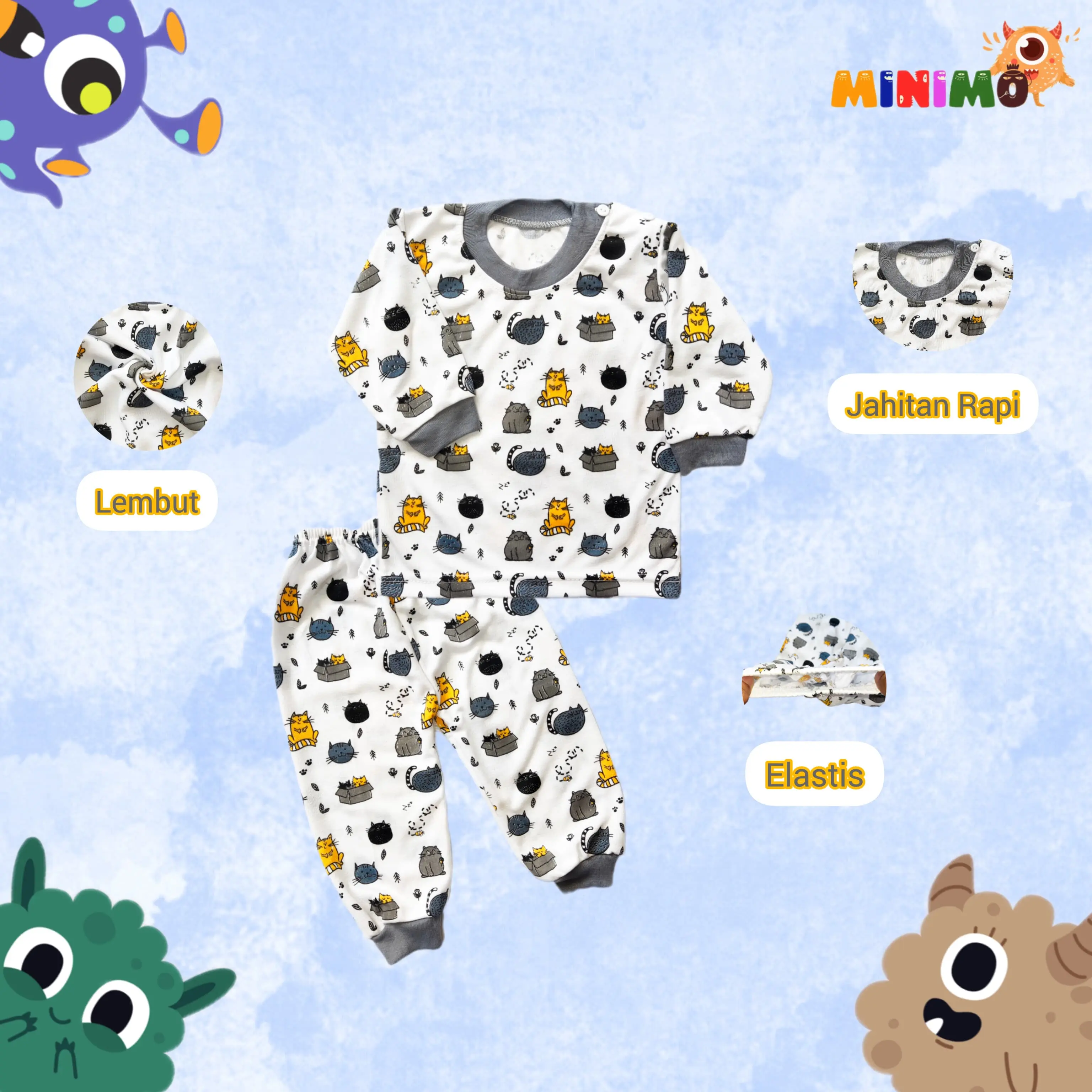 Baju Bayi Motif Kucing Usia 0-6 Bulan | Baju Piyama Anak | Baju Tidur Bayi Nyaman | Baju Bayi Minimokidswear