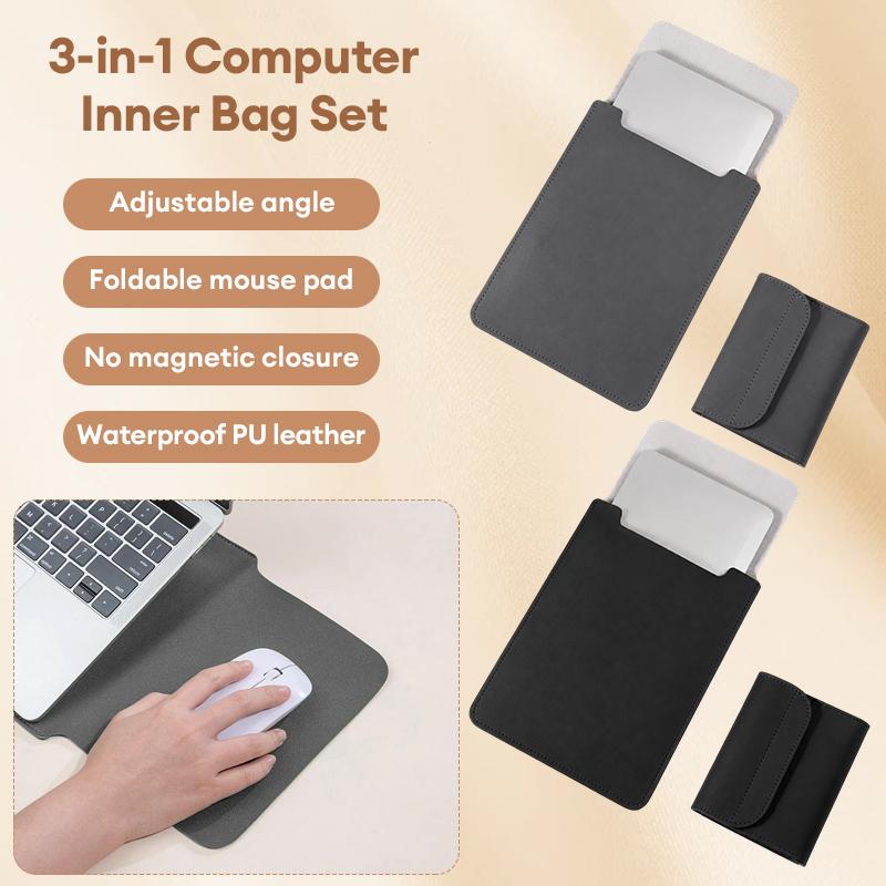 Bộ túi đựng laptop 3 trong 1, túi bên trong cho laptop 12-16 inch tích hợp tấm lót chuột và giá đỡ, hộp đựng di động tiện dụng, giá đỡ tản nhiệt cho laptop, túi bảo vệ bằng da PU.
