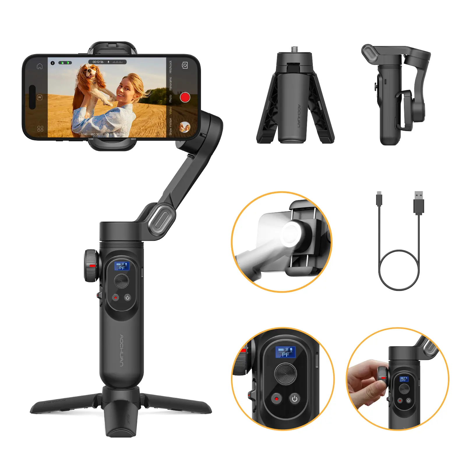 AOCHUAN Gimbal Stabilizer for Smartphone, Gimbal w/Wireless Charging iPhone Gimbal for iPhone 15 Pro Max/Android Foldable 3-Axis Handheld Phone Gimbal for Video Recording Face Tracking-Smart X Pro