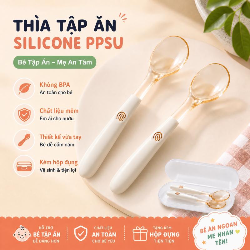 Thìa Muỗng Ăn Dặm Silicon PPSU Siêu Mềm Cho Bé Tự Xúc BLW