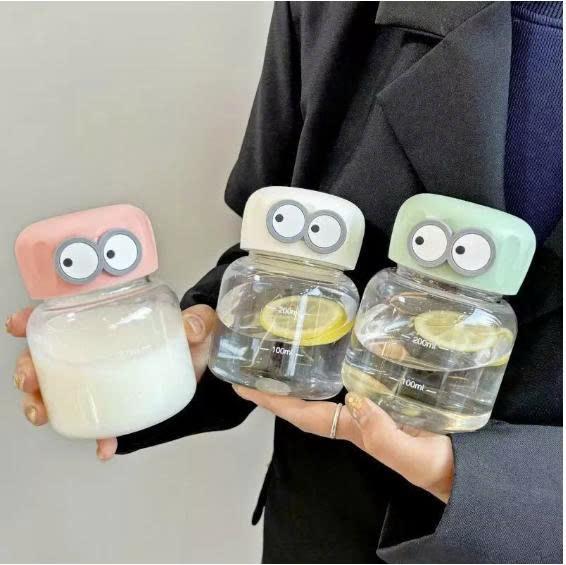 Bình Thủy Tinh Đôi Mắt Chia Vạch 300ML - Cốc Uống Nước Thủy Tinh Mini - Bình Nước Dáng Nấm Cute Dễ Thương