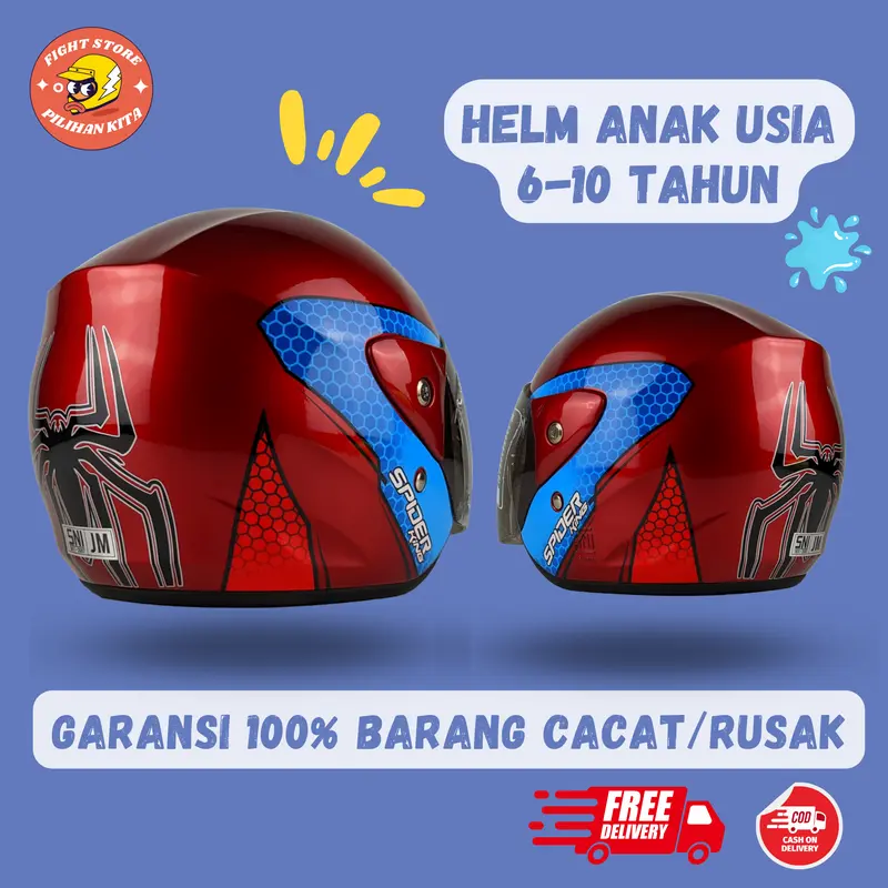 Helm Anak Junior SNI Original JM Motif Spiderman Usia 3-7 Tahun - Motorcycle, Half Face, Smoke Visor 3