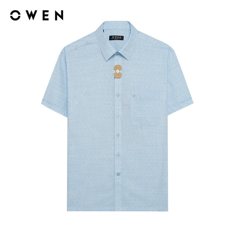 OWEN - Áo sơ mi Nam Ngắn tay Body Fit Có túi AB250076NT màu Xanh chất liệu Bamboo linen Họa tiết Menswear