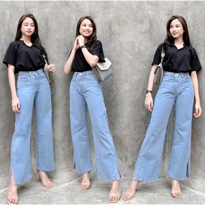 celana Kulot Jeans Wanita Kulot Belah Samping Kantong Karet Panjang