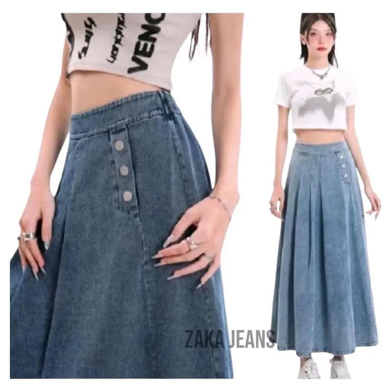 Inara Long Skirt Rok Jeans Korean Look Button Skirt Panjang  Standar Jumbo Kancing Samping 0