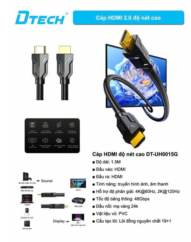 Dây Cáp HDMI to HDMI Dtech DT-UH0015G 2.0 1.5m, kết nối màn hình độ phân giải 4K@60Hz 2K@120Hz