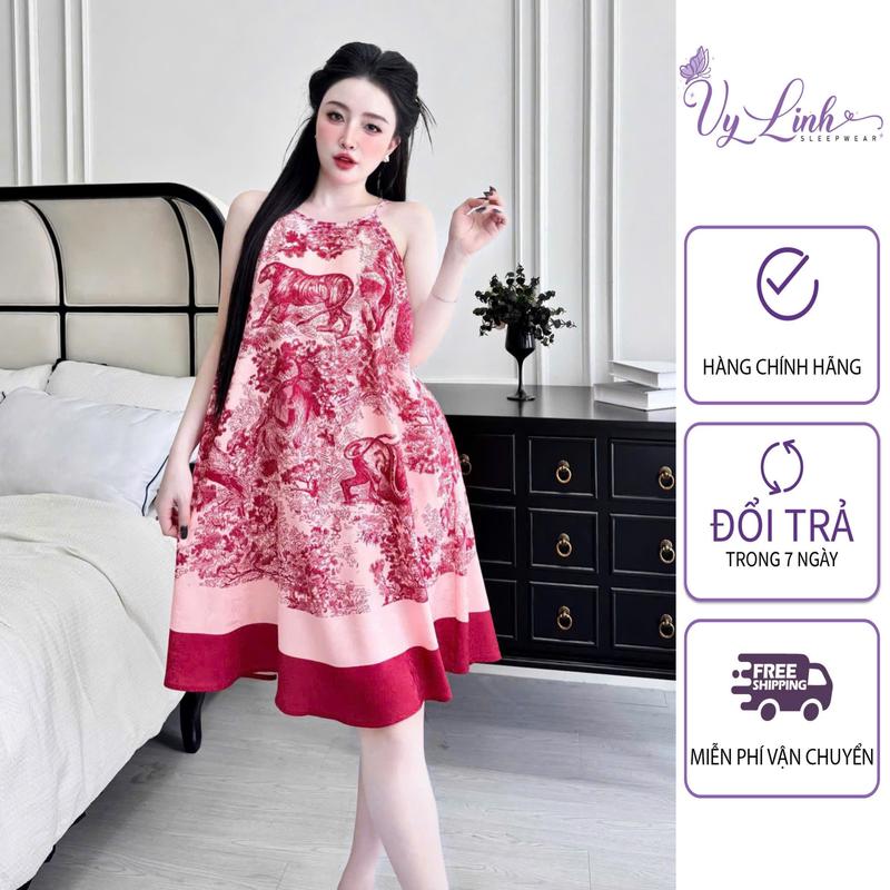 Đầm Ngủ Hai Dây Hoạ Tiết Loang Rừng Cây Chất Liệu Gấm Hải Đường Nhẹ Mát S1315