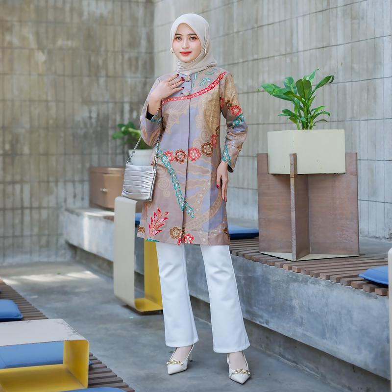 Product Introduction of Batik Trikot Tunik Batik Lapis Furing Model Lengan Panjang Kancing Aktif Motif Rinjani Warna Salem Atasan Batik Kerja Wanita Premium Bahan Katun BigSize/Jumbo 2