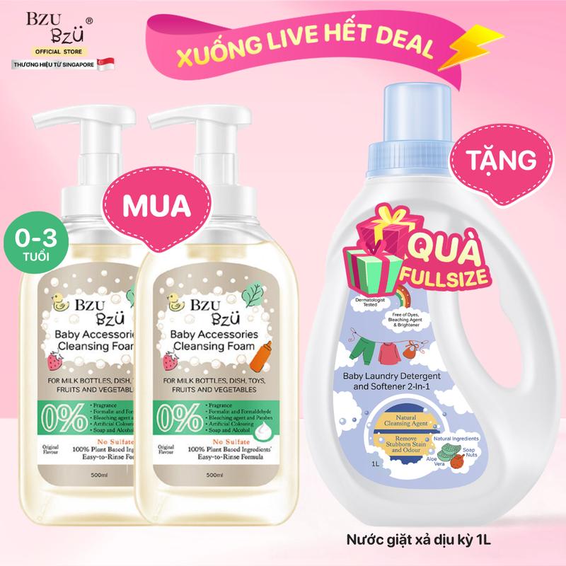 Combo 2 Chai Nước Rửa Bình Sữa Và Dụng Cụ Em Bé BZU BZU Tạo Bọt Không Mùi (Nguyên Bản) 4 Công Dụng 500Ml Cho Bé cọ  rửa