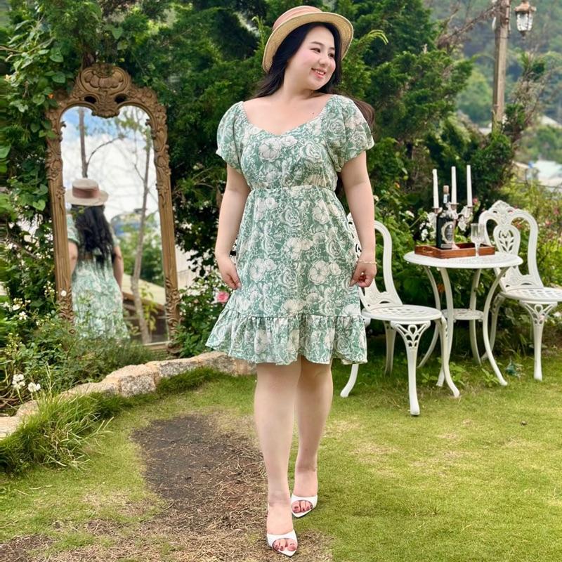 Chubby House Styles-Floral Dress- Đầm big size xòe hoạ tiết hoa cột dây Nữ Women peplum Kem Nhung 3