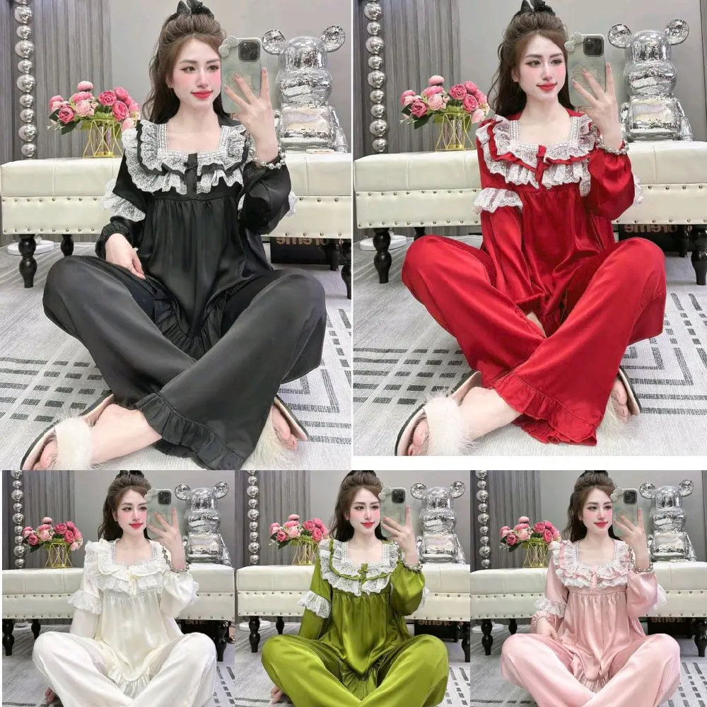 Bộ pizama nữ LỤA LA TIN TƠ TẰM cao cấp. From 40-60kg họa tiết viền trơn nhiều màu tiểu thư.  Bộ Nữ  Women