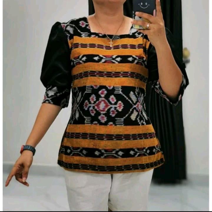 Blus Wanita Kombinasi Lengan Toyobo - Baju Moderen Kalea - Panjang, Tenun 5