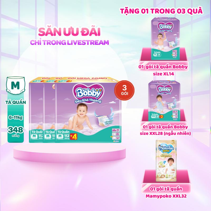 [COMBO 3-TẶNG TQ XL14/XXL28/XXL32] Bobby Tã bỉm quần M112/L96/XL84/XXL76 Siêu khô thoáng