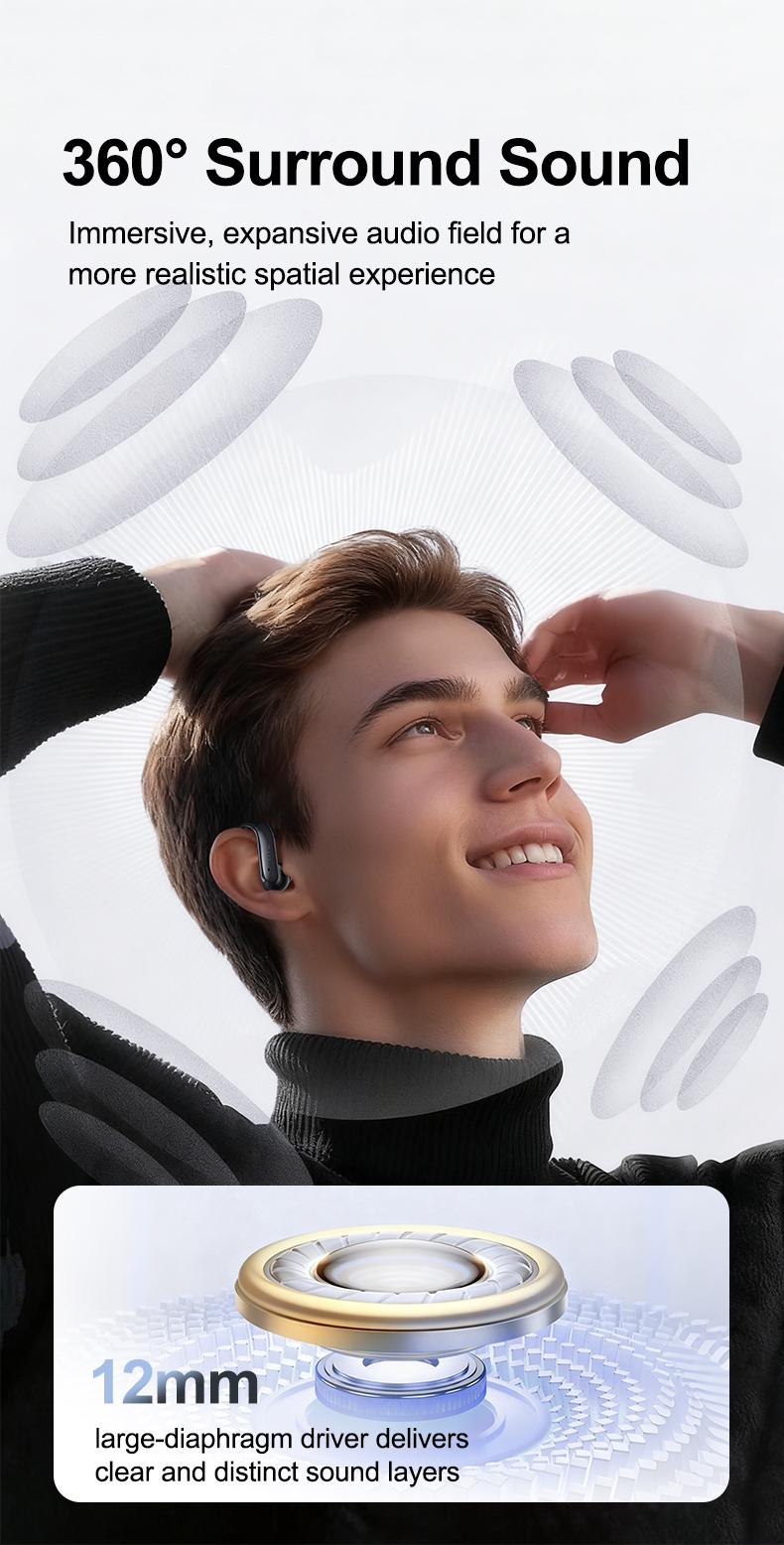 HTC NE63 OWS AI Headset Bluetooth 6.0 Sport Earbuds Layar LED TWS Noise Reduction HiFi Bass Stereo Wireless Gaming Headset dengan AI dan Noise Reduction