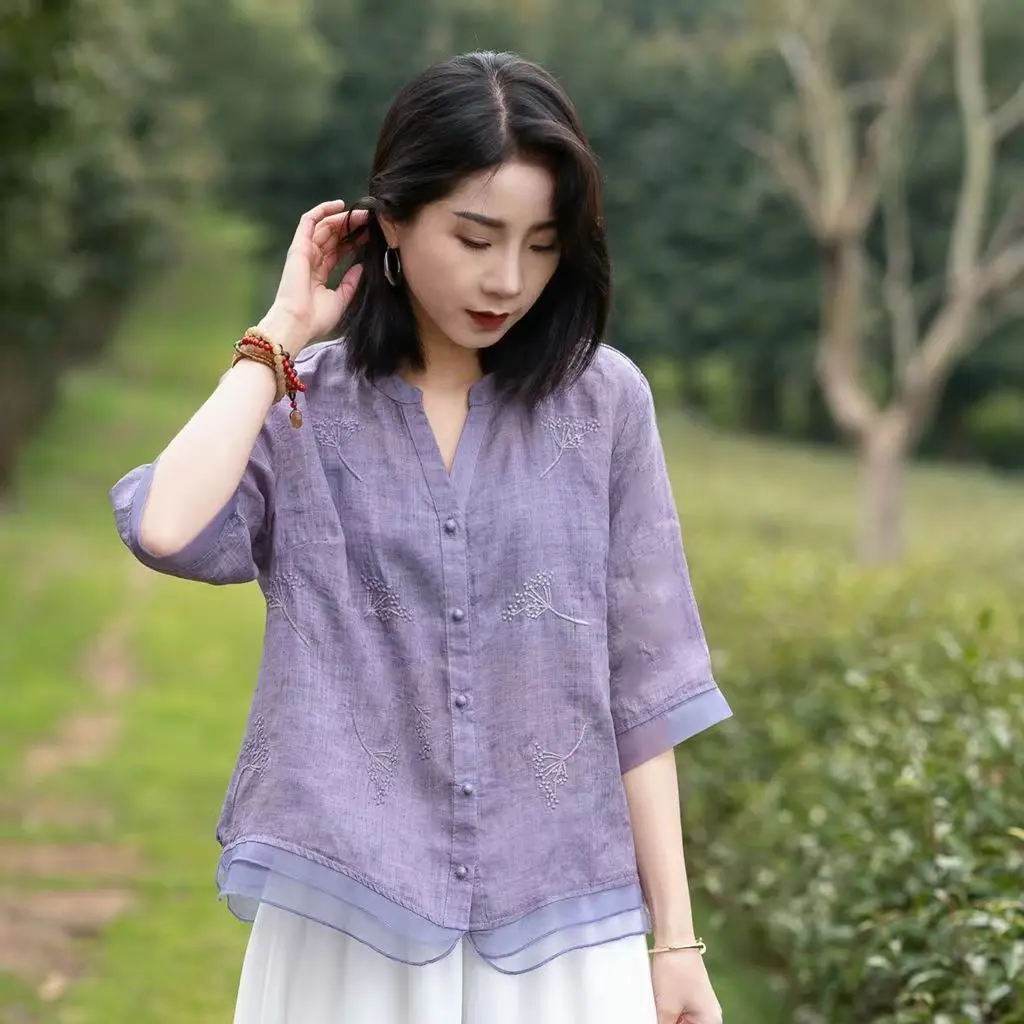 áo vải lanh cotton văn học 2023 mùa hè áo mỏng mới của phụ nữ công nghiệp nặng thêu voan viền áo bảng điều khiển xu hướng (có kích thước lớn)