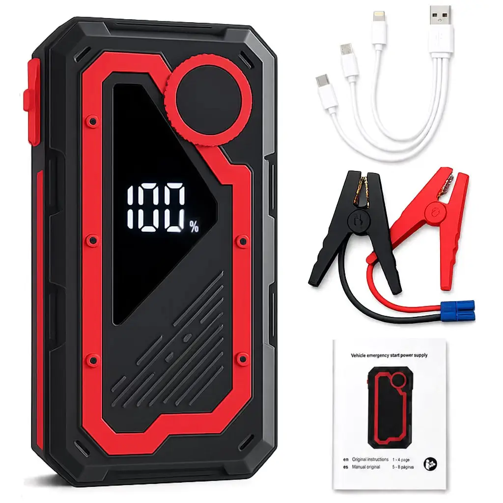 Arrancador portatil para coche, bateria de 29800mAh para motores de gasolina de hasta 6 L ydiesel de 2 L, 12 V con pinza, linterna y cable decarga