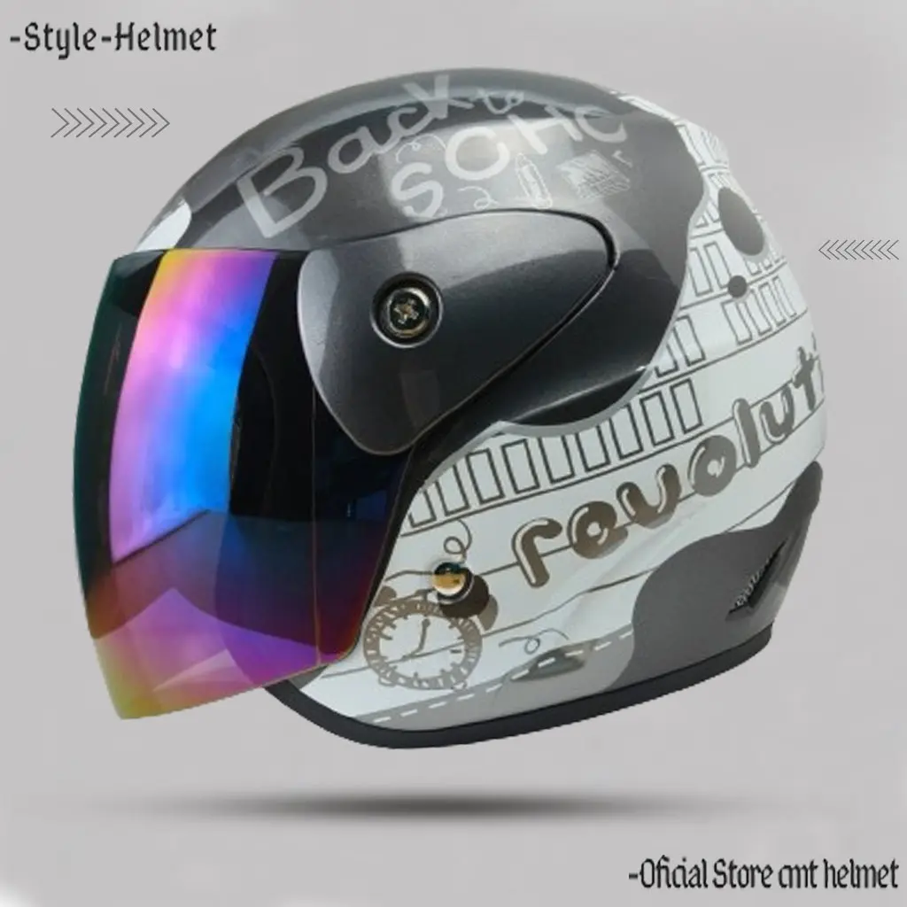 Helm Evo Motif Note Revolution Abu Glosy Kaca Pelangi Hitam Silver/Helm Half Face Dewasa SNI Pria Wanita Motorcycle