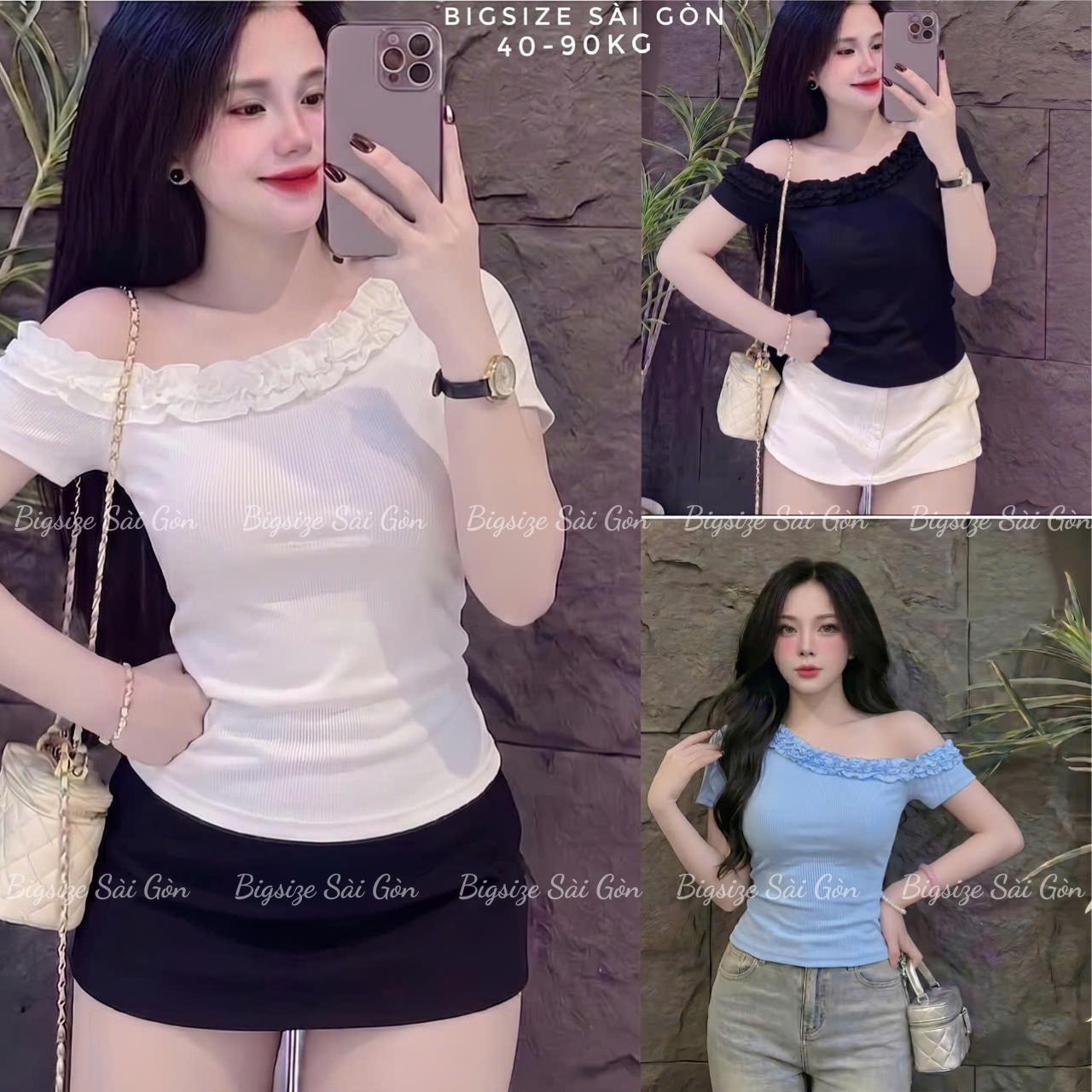 Áo Thun Nữ Trễ Vai Phối Bèo Nhún (From Ôm Body) Vải Thun Gân Tăm Cao Cấp Thanh Lịch Trẻ Trung Cho Nàng Bigsize 45–90kg - B.1808
