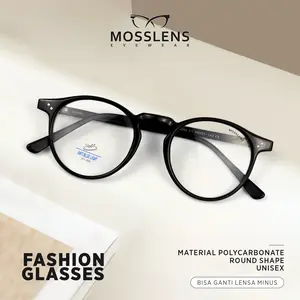 Mosslens Kacamata Bulat Style Pria Wanita Simple Bahan PC Ringan Bisa Minus Silinder Anti Radiasi Blueray Bluecromic 8353
