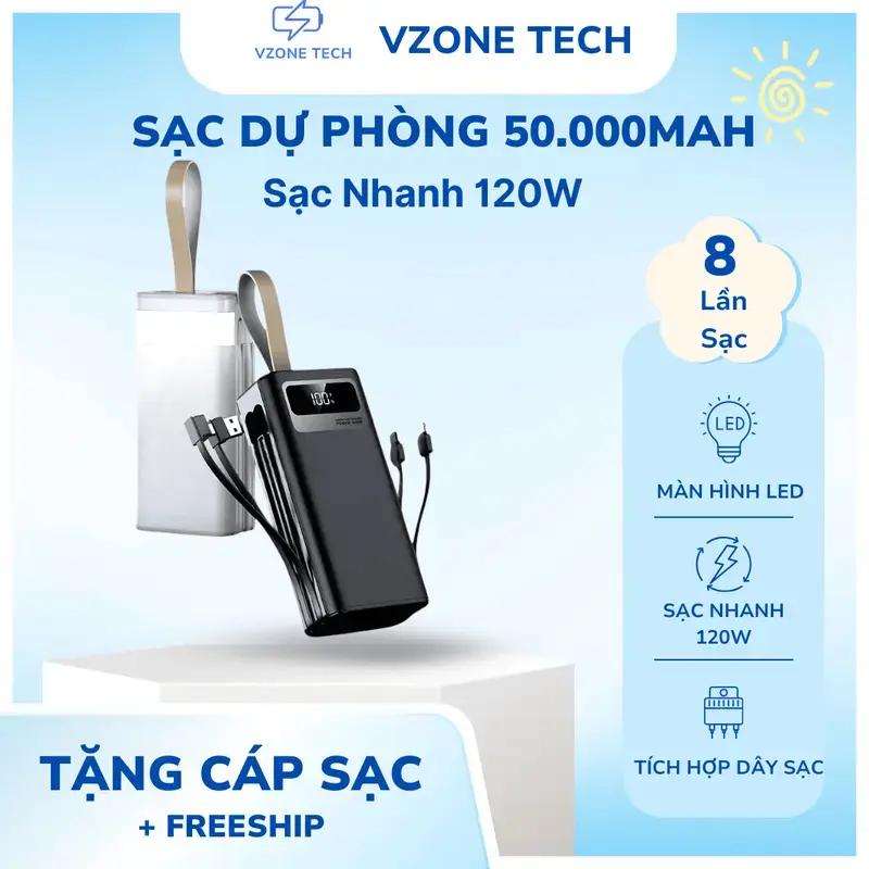  Sạc Dự Phòng 50000mAh Sạc Nhanh 120W Pin Dung Lượng Lớn Có Dây Sạc Nhiều Điện Thoại Tích Hợp 4 Cổng Ra Type-C Bảo Hành 6 Tháng Chính Hãng VZone Tech - CN-205 