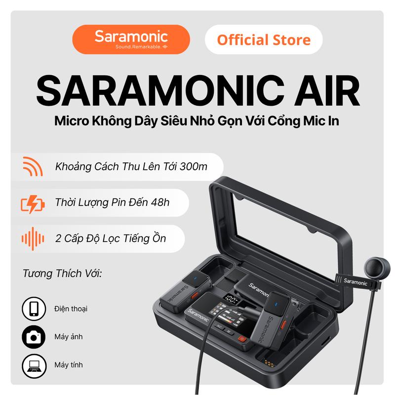 Mic thu âm lọc tiếng ồn không dây Saramonic AIR pin 48 tiếng mic cài áo livestream làm video cho máy ảnh điện thoại