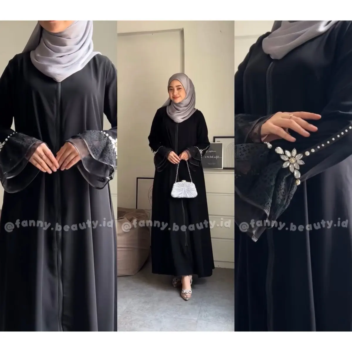 Aura Abaya | by fanny.beauty.id  Gamis Hitam Syari Muslim Mewah Kombinasi Mutiara Cantik Putih