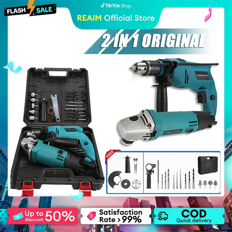 Lifetime Warranty Realm 1500W grinder drill tebuk dinding  Electric impact Drill + angle Tool Set with Accessories Assortment Set  Grip Metal Motor Steel Building Construction repair Material processing diy impact drill gerudi tanpa skru elektrik pemutar