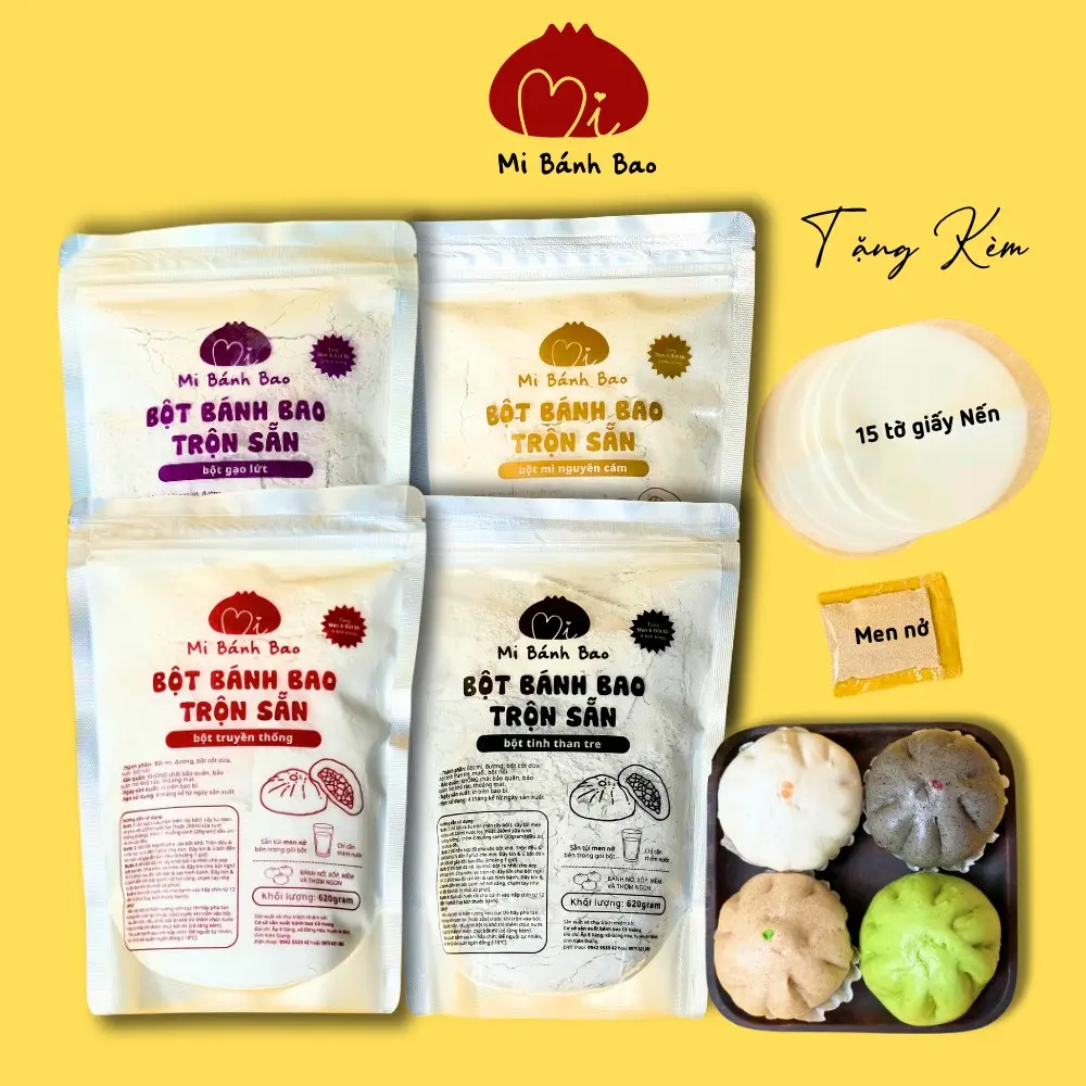 [ĐỦ LOẠI] Bột Bánh Bao pha sẵn Mi BánhBao Gạo lứt & Nguyên Cám 540g, Truyền Thống và Tinh Than Tre 620g (Tặng kèm Men nở, bột thấm tay & giấy lót bánh)