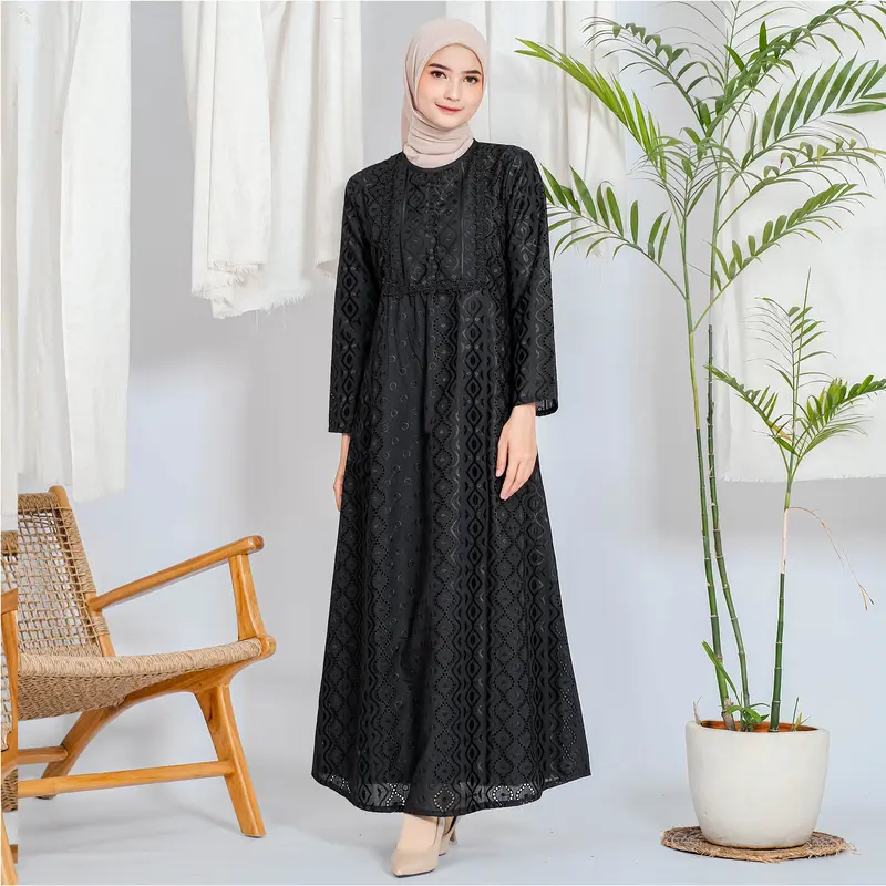 Gamis Elmira Katun Silk Renda Full 723 - Gamis Katun Hitam Muslim untuk Haji Ihrom - Perlengkapan Haji by ARIVA 1