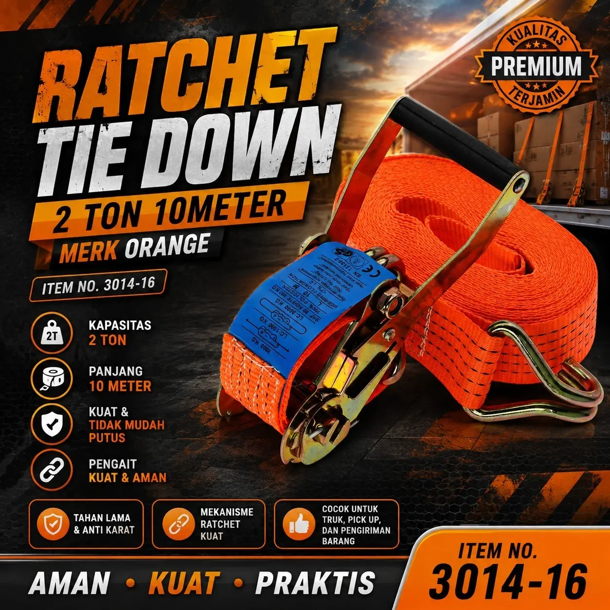 Webbing Cargo Lashing 2" X 10 Meter Ratchet Tie Down Alat Ikat Barang Di Mobil Ratchet Tie Down 2 Ton.