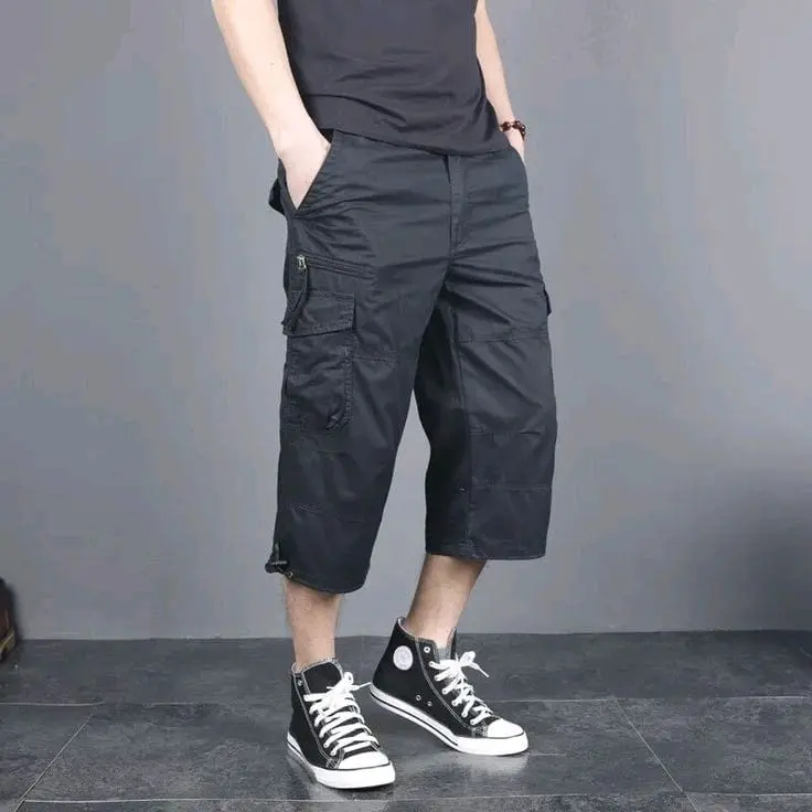 Celana Pendek 3/4 Sport Gabriel 7/8 Pria Dewasa Panjang Casual Nyaman Kantong Hitam Karet chinos Cargo Shorts Katun Santai Cowok Navy 4
