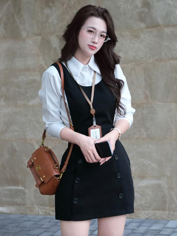  La Merci - Lina Đầm Yếm Ngắn Công Sở Thanh Lịch DV04 Dáng Đầm chữ A Tôn Dáng Thon Gọn Màu Đen Size S M L XL Phối Sơ Mi Trắng Cổ Điển 