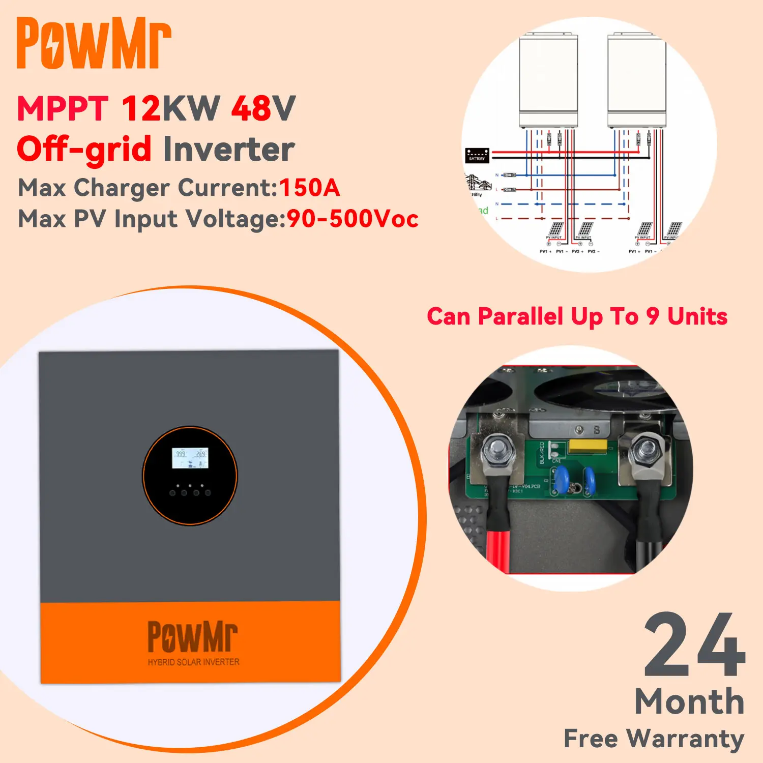 PowMr 12KW Sistem Inverter Surya Hibrida 500Vdc Mendukung Baterai 48V Lifepo4 Dapat Dihubungkan Paralel Maksimal 9 Unit Dilengkapi dengan 150A MPPT Pengontrol Pengisian Daya Surya Bawaan