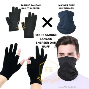 Snepeer Paket Sarung Tangan Rajut Hitam & Masker Buff Multifungsi Tanpa Jahit Perlindungan Sinar Matahari Allsize untuk Pria dan Wanita