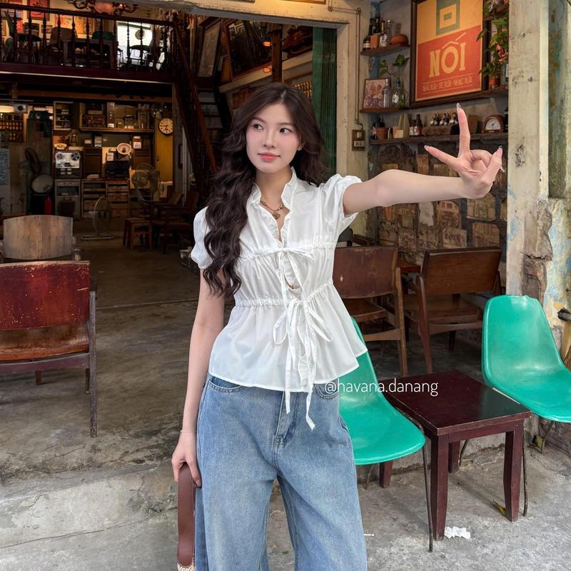   PB.HAVANA  Áo kiểu babydoll NOA tay bồng bo chun phong cách vintage nữ tính AO452 