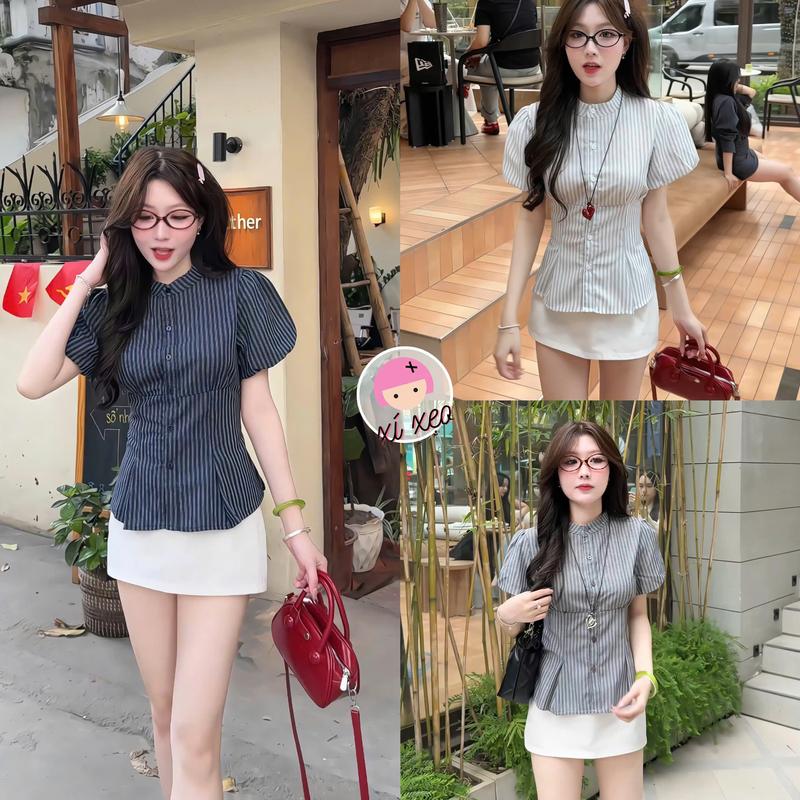  Áo sơ mi cổ tàu XIXEOSHOP chiết eo kẻ linen xinh tay phồng - A16 